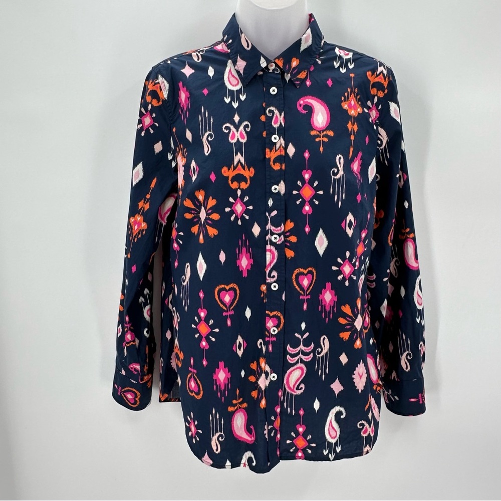 Talbots Shirt Womens S Blue Print Ikat Paisley Cotton Button Front Long Sleeve